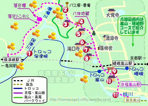 京都歴史散歩：保津峡から嵐山周辺の地図