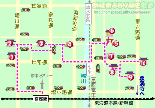 京都歴史散歩：七条通周辺の地図