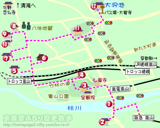 京都歴史散歩：嵐山嵯峨野周辺の地図