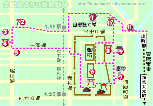 京都歴史散歩：京都御所周辺の地図